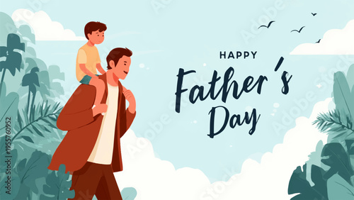 Father and son enjoying outdoor leisure on father's day with a scenic background