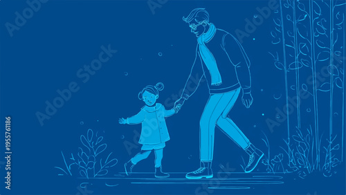 Father and child walking hand in hand at night outdoors blue silhouette illustration