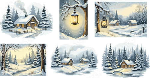 Winter Landscape Collection Vector Illustration Featuring Snowy Cabin Forest Lantern Light and Cozy Holiday Nature Scenes in Soft Hand Drawn Style