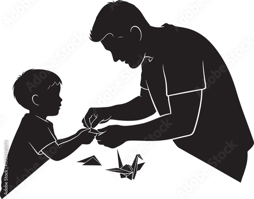 Father teaching son origami, folding paper cranes, symbolizing patience, skill development, cultural crafts, and shared learning experiences.