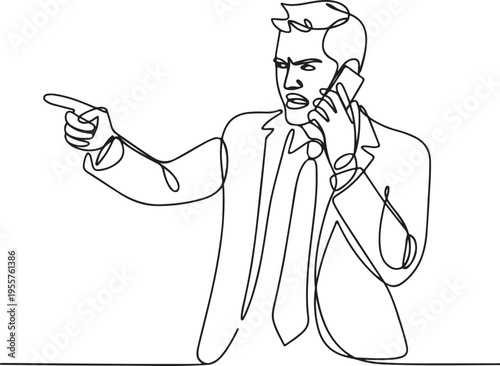 Continuous line drawing of an angry businessman fiercely pointing while shouting on a phone, symbolizing stressful business communication and conflict