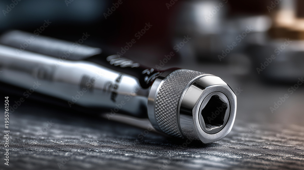 Obraz premium Chrome socket wrench on textured surface showcasing polished finish and precision design detail, clean studio setting ideal for automotive and mechanical applications concept,