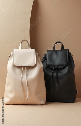 Two stylish backpacks, one beige and one black, display clean lines and minimalist design. Both bags feature cinch top closures and top handles. Their neutral colors suit any urban or travel setting.