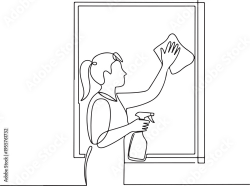 Continuous line drawing of a woman cleaning a window with a spray bottle and cloth, representing domestic chores and tidiness