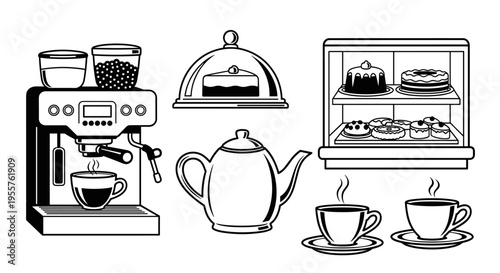 Collection of coffee shop icons including espresso machine, cakes, donuts, and tea set