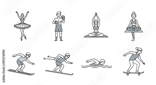Diverse group of people engaged in various sports and activities, depicted in a clean line art style