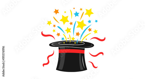 Magic hat with colorful stars and ribbons bursting out, symbolizing surprise and wonder
