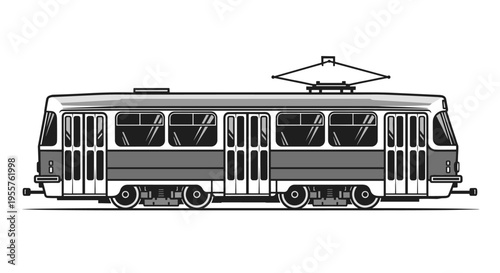 Classic tram illustration with multiple doors and windows on a white background