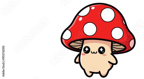 Cute cartoon mushroom character with big eyes and a red spotted cap, isolated on white