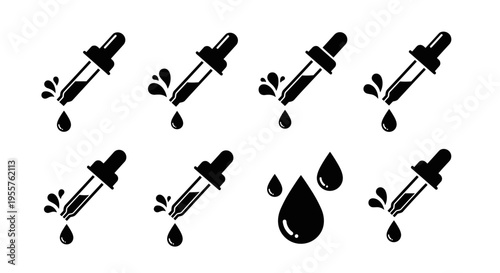 Set of black dropper icons with liquid drops and splashes on a white background