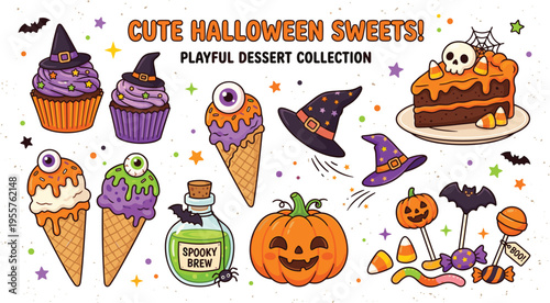 Halloween sweets and treats with witch hats and spooky decorations