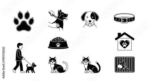 Collection of pet care icons including dogs, cats, and accessories