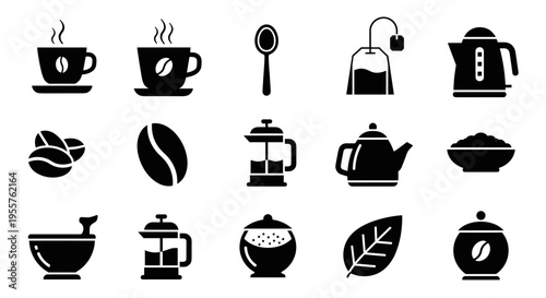 Collection of black icons representing coffee and tea making and serving essentials