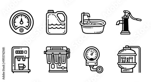 Collection of icons representing water-related equipment and measurement devices