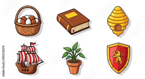 Collection of six distinct cartoon icons including a basket of eggs, book, beehive, ship, plant, and shield