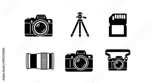 Collection of photography equipment icons including cameras, lens, tripod, and memory card
