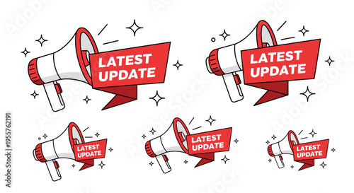 Set of megaphone icons with "Latest Update"""" banners announcing news and information"""