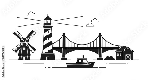 Iconic Dutch landscape with windmill, lighthouse, bridge, and boat in silhouette