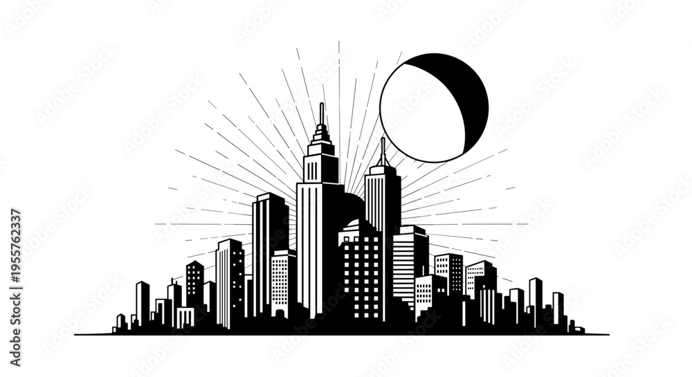 Obraz premium Stylized black and white cityscape with a crescent moon and sunburst effect