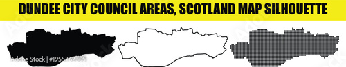 Dundee city council areas scotland map silhouette including solid black line and dotted versions on checkered background
