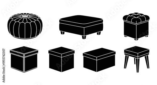 Collection of black and white isometric furniture icons including ottomans and stools