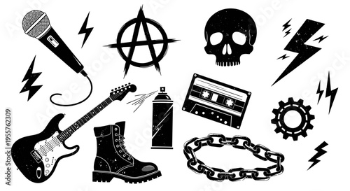 Collection of grunge-style rock and roll icons with a distressed texture