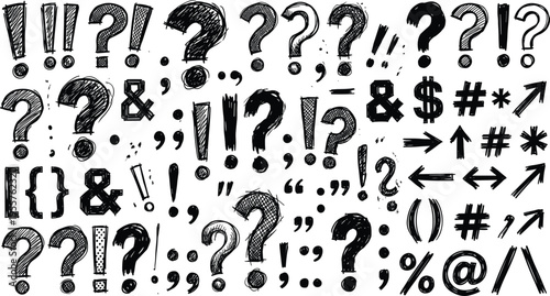 Hand drawn punctuation marks and symbols set on white background