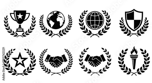 Collection of award and achievement icons with laurel wreaths, including trophy, globe, shield, star, handshake, and torch