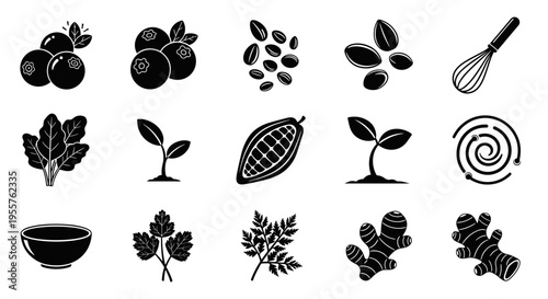 Collection of stylized black and white icons representing food and nature elements
