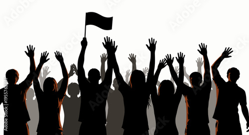 Silhouette crowd with hands raised and a black flag waving in the air