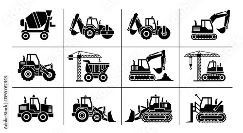 Collection of black construction vehicle icons on a white background
