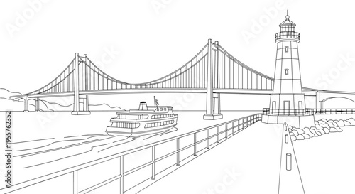 Iconic suspension bridge and lighthouse with a ferry sailing on the water