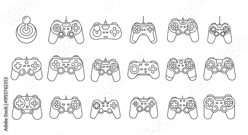 Collection of various video game controllers and joysticks in a clean line art style