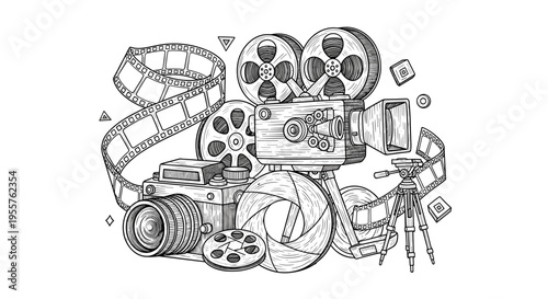 Vintage film equipment and camera gear arranged in a creative composition