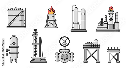 Collection of industrial oil and gas refinery plant icons and elements