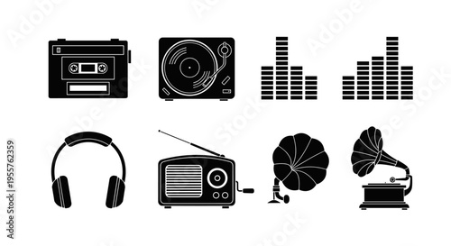 Collection of vintage and modern audio equipment icons on a white background