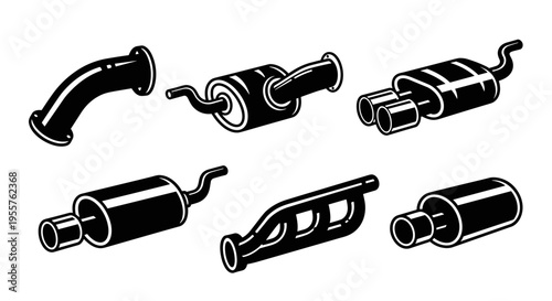Set of black and white vector illustrations of various car exhaust system components