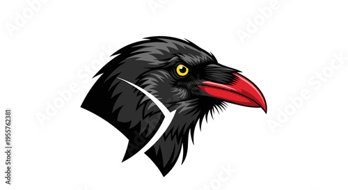 Stylized black raven head with bright red beak and yellow eye on a white background