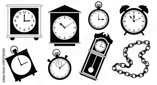 Collection of diverse clock and timekeeping devices in silhouette
