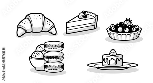 Collection of delicious pastries and desserts in a charming hand-drawn style