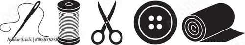 Sewing and tailoring icon set featuring needle with thread, spool, button, scissors and fabric roll, garment manufacturing symbols isolated on white background vector