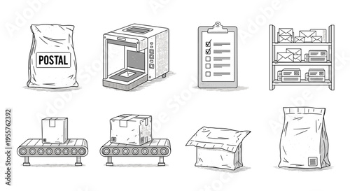 Set of icons representing postal service and logistics operations in a hand-drawn style