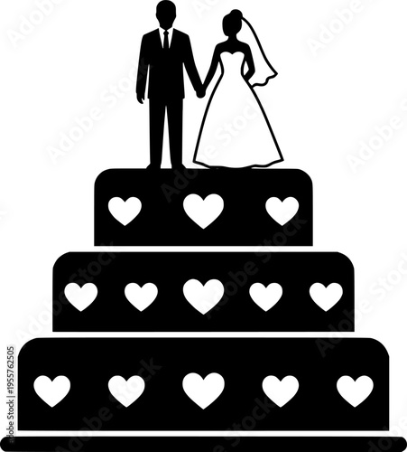 wedding cake with couple topper silhouette on transparent background for web and graphic design
