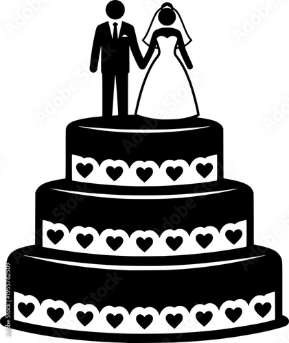 wedding cake with couple topper silhouette on transparent background for web and graphic design

