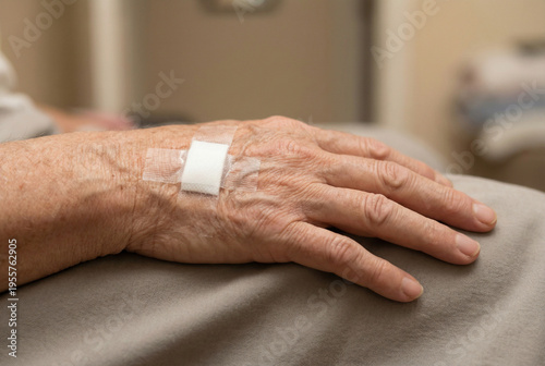 Close-up of a senior hand with adhesive bandage after injection or IV treatment, symbolizing healthcare, recovery, medical care, and elderly wellness.
