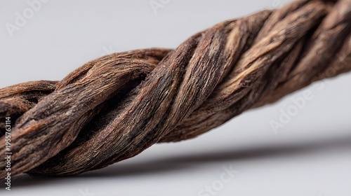 Close-up macro shot of a twisted dried vanilla bean pod with detailed texture