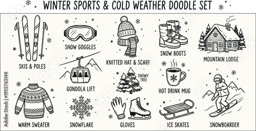 Winter sports and cold weather doodle set illustrations