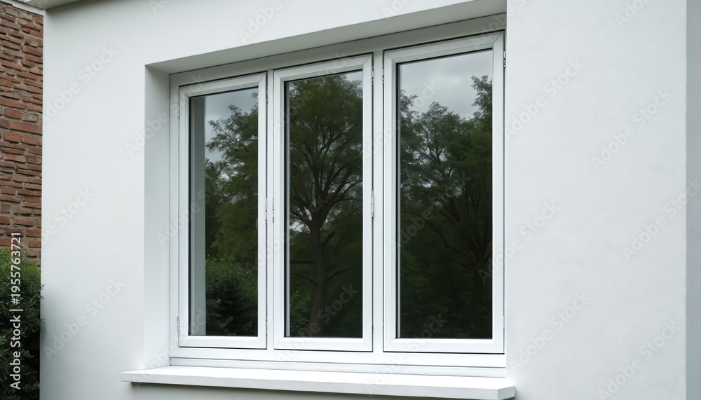 Fototapeta premium Three panel aluminum casement window with white frame on textured white wall. Reflecting trees and foliage view from inside. Modern home exterior detail.