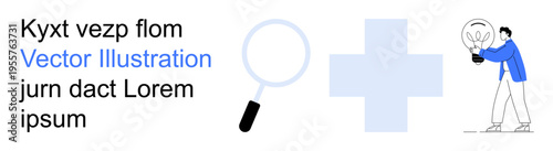 Innovation, problem-solving, research, medical services, creativity, inspiration. Magnifying glass, plus sign and man with a light bulb. Innovation and problem-solving concepts
