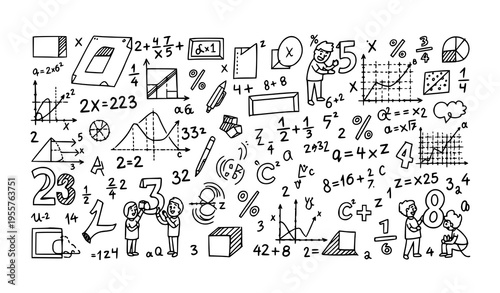 Hand drawn cute math doodles scattered with formulas symbols and educational elements creative vector illustration